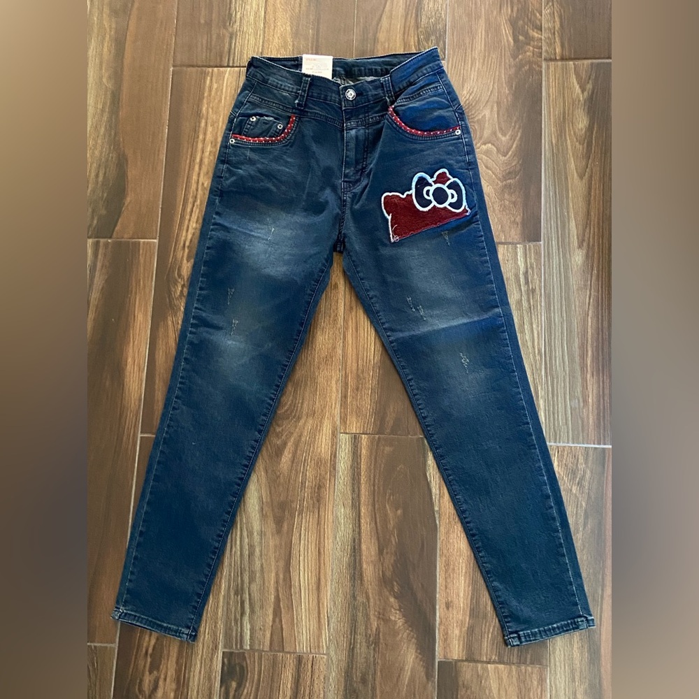 5$ add on,  Woman’s Stylish Blue Jeans with Red Accents